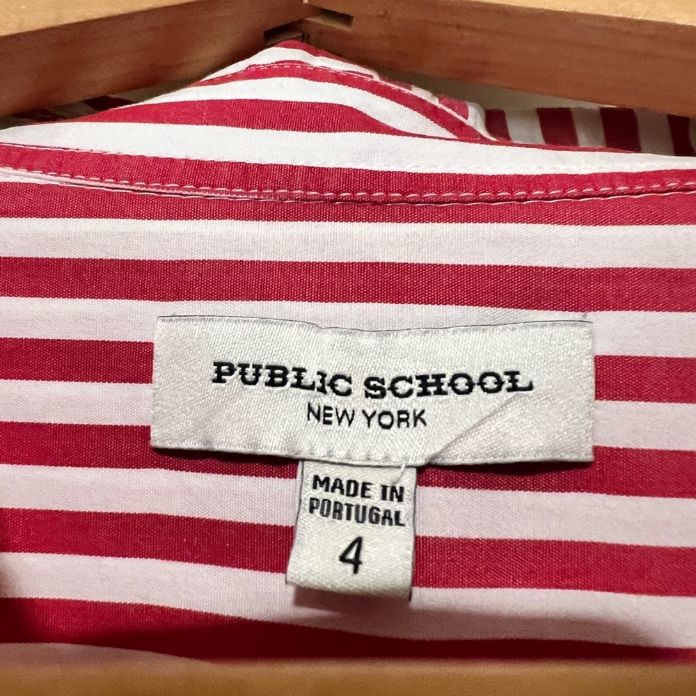 Public School Women’s Red and White Striped button up shirt dress with pockets.